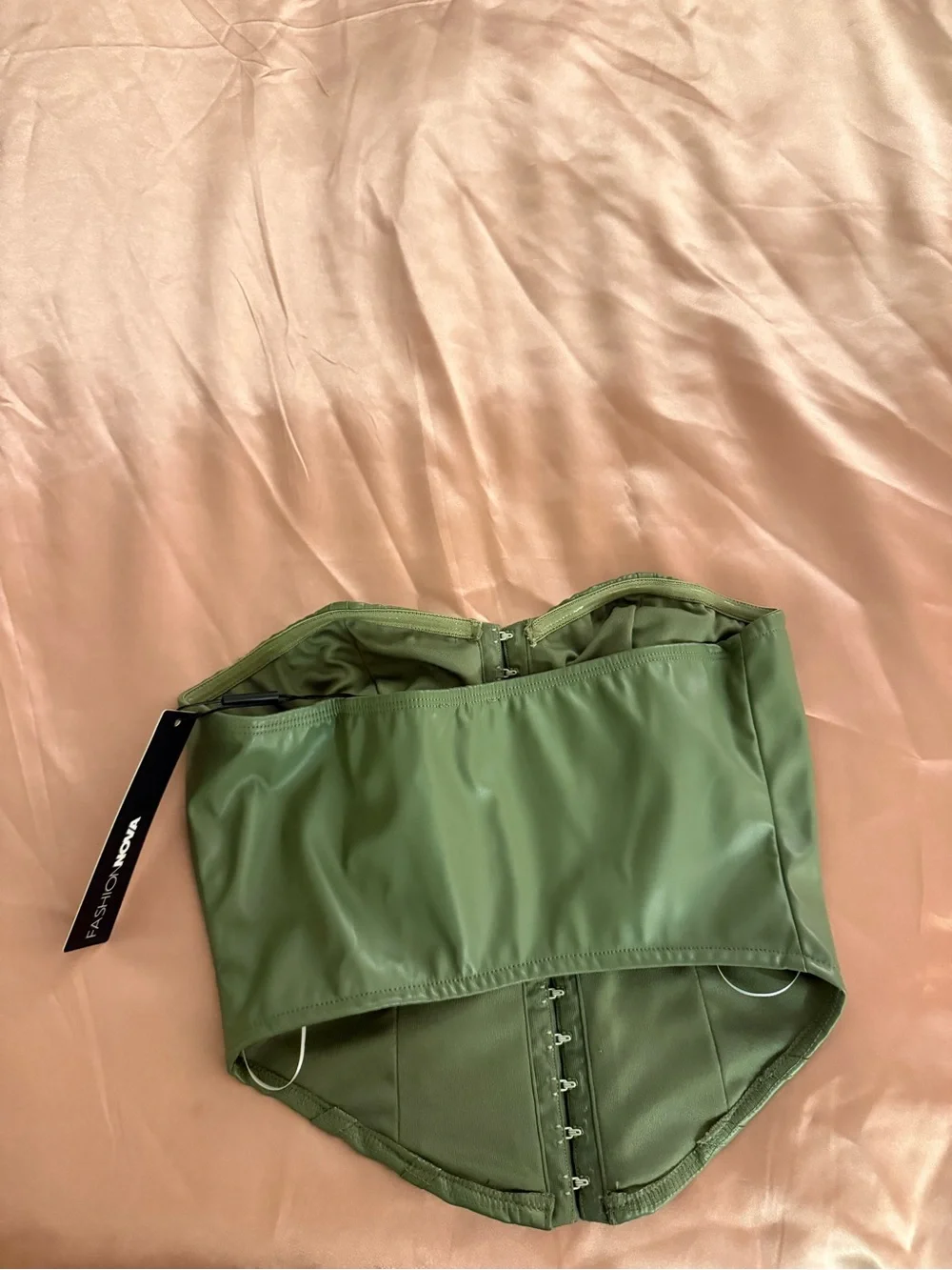 Fashion Nova Olive Green Faux Leather Strapless Corset Top